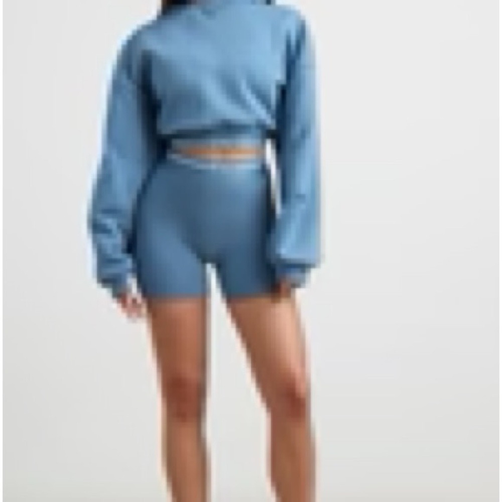 BOO TEE Stretch Cotton Fleece Cropped Hoodie in Steel Blue - Picture 4 of 11